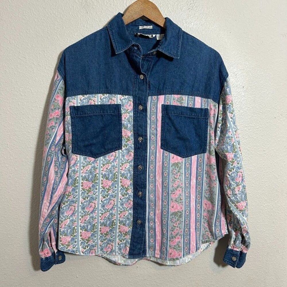 VTG 90s KZK Floral Chambray Western Button Up Shirt S Indie Cowgirl Cottagecore - Picture 2 of 7